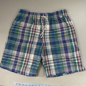 Lands End Swim Trunks Men Medium Madras Plaid Drawstring Pockets Blue Green 34x9